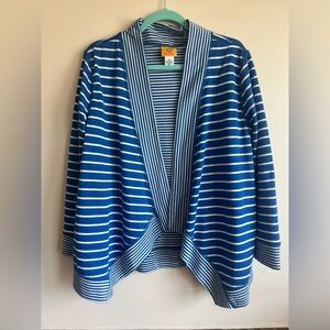 New Ruby Rd. Blue White Stripe Open Front Asymmetric Hem Knit Cardigan Medium